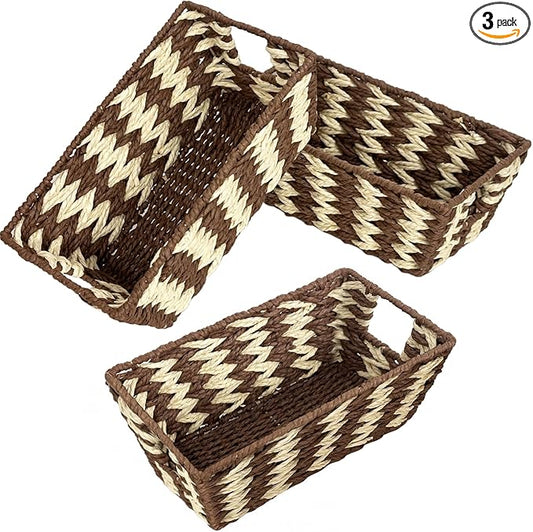 Paper Rope Storage Baskets for Shelves Organizing, Small Hand Woven Wicker Organizer Basket with Handle for Bathroom Toilet Paper Storage, Beige and Brown, 3-Pack