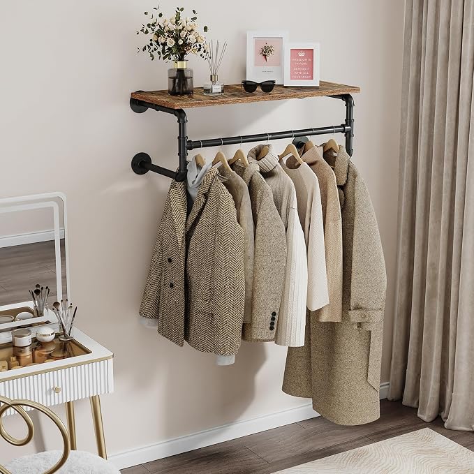 Clothes Rack with Top Shelf, 29.1in Industrial Pipe Wall Mounted Garment Rack, Space-Saving Display Hanging Clothes Rack, Heavy Duty Detachable Multi-Purpose Hanging Rod for Closet Storage