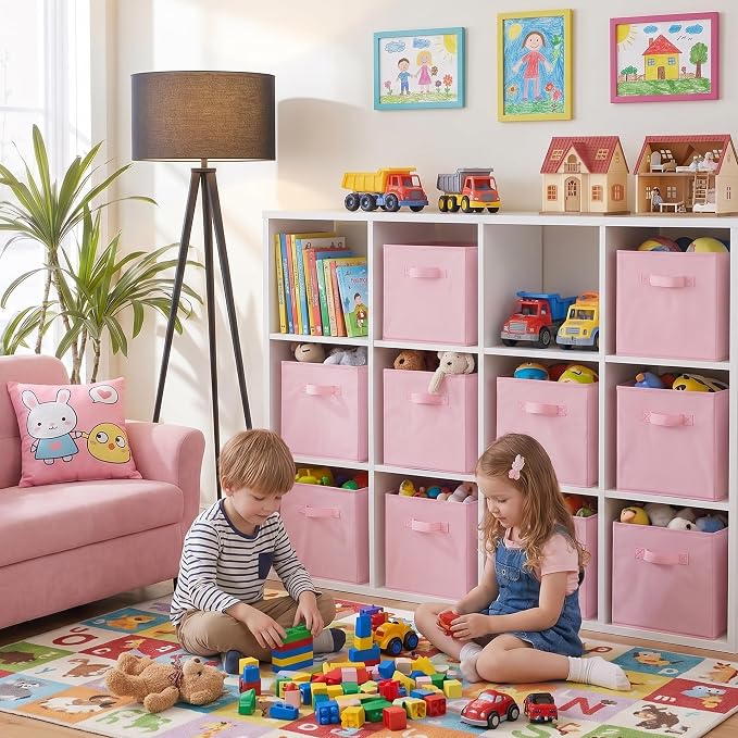 Cupic Cupid 11x11 Storage Cubes, 10 Pack Open Storage Bins with Handles, Storage Cube Organizer for Clothes and Toys, Collapsible Cube Bins for Closet, Shelves, Offices, Pink
