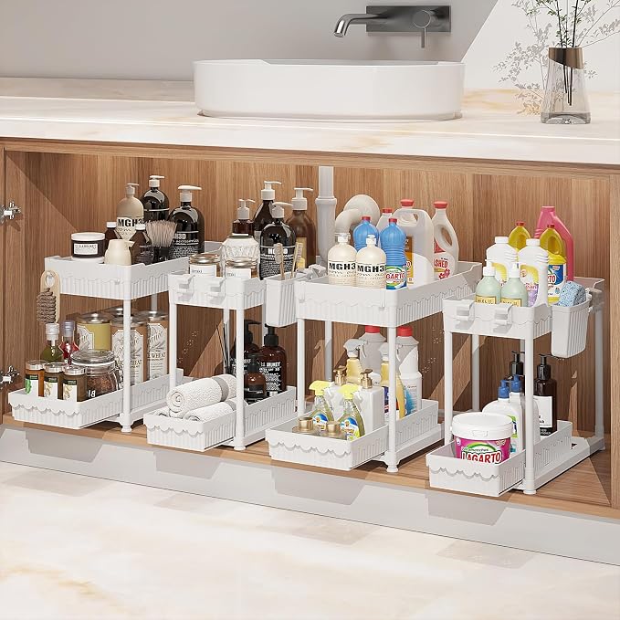 Sevenblue 4-Pack 2-Tier Under Sink Organizer with Pull Out Drawers | Multi-use kitchen & bathroom storage. Includes hanging hooks and cups. White, space-saving cabinet design. 12.8 Inch