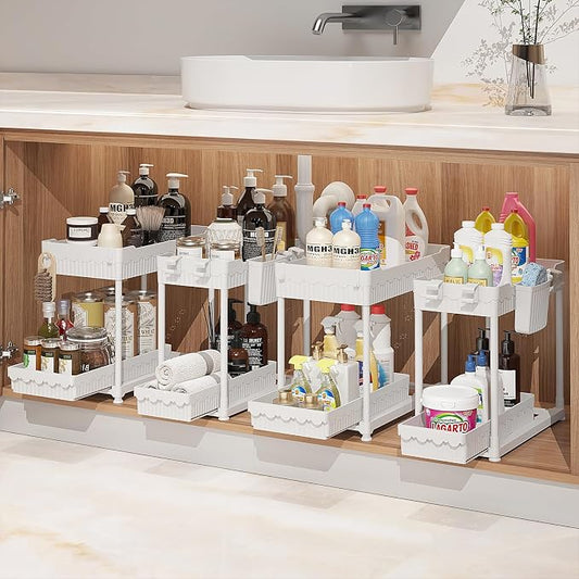 Sevenblue 4-Pack 2-Tier Under Sink Organizer with Pull Out Drawers | Multi-use kitchen & bathroom storage. Includes hanging hooks and cups. White, space-saving cabinet design. 12.8 Inch