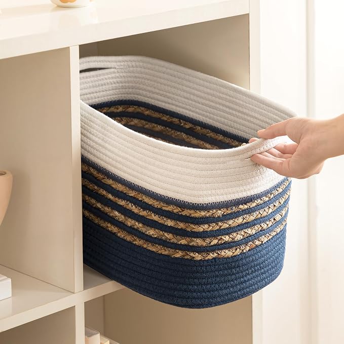 UBBCARE 4 Pack Baskets for Organizing, Woven Storage Baskets for Toys and Towel, Rectangle Cotton Rope Basket with Handles, 14''L x 8''W x9''H, Navy Blue