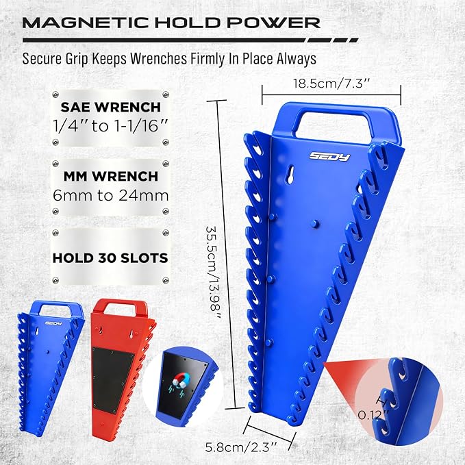 8-Piece Magnetic Socket and Wrench Organizer Set, Metric & SAE, 1/4", 3/8", 1/2" Drive Socket Rail, 24-Slots Wrench Holder with Non-Slip Handle for Toolbox Drawer Storage (Socket Wrench not Included)