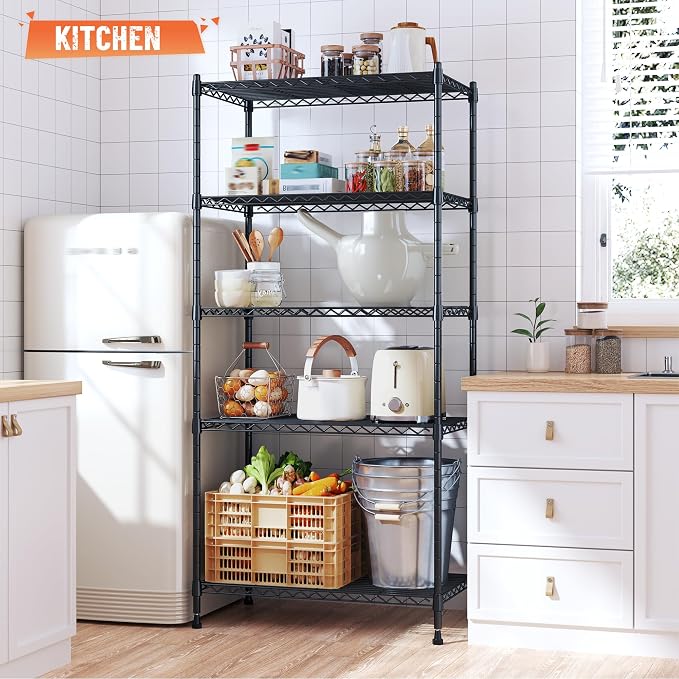Romorgniz 5-Tier Shelf 1010LBS Storage Shelves Adjustable Wire Shelving,Tool-Free Assembly,Metal Shelving Unit for Kitchen Pantry Closet Laundry Bathroom 59" Hx21.7 Wx13.8 D,Black,3P