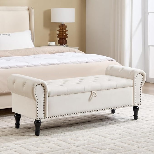 Storage Bench for Bedroom, 51" Upholstered End of Bed Bench, Velvet Queen Size Benches with Rolled Arms, Tufted Button Storage Long Ottoman, Living Room, Entryway, Beige
