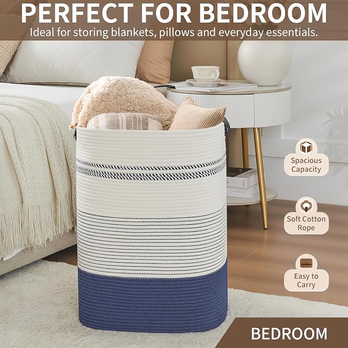 AINUOQI Large Laundry Basket - Tall Woven Rope Laundry Hamper with Leather Handles - Dirty Clothes hamper for Living room, Bedroom, 17" X 13.8" X 22", Dark Blue & White