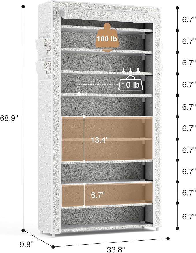 ROJASOP 10 Tier Shoe Rack with Covers Large Capacity Stackable Tall Shoe Shelf Storage for 50-55 Pairs Shoe and Boot, Sturdy Free Standing Shoe Rack Organizer for Closet, Entryway, Bedroom, Printing