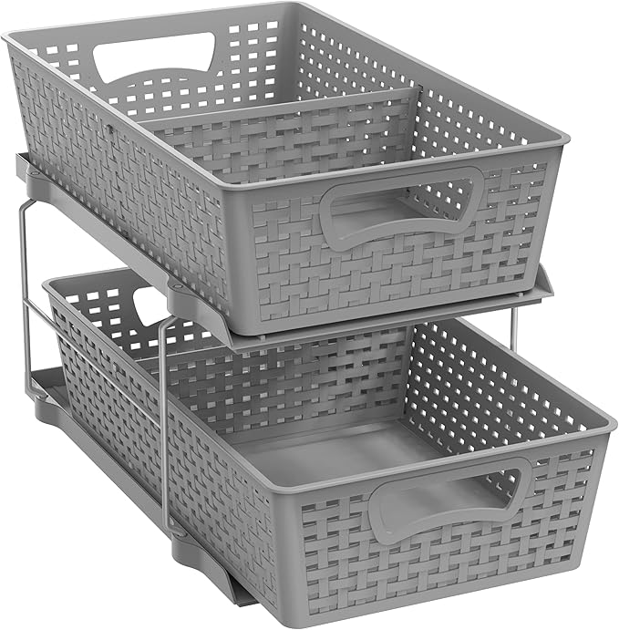 Simple Houseware 2 Tier Pull-Out Sliding Drawer Under Sink Storage, Gray | Great for Kitchen Bathroom Tray Shelf Organizer