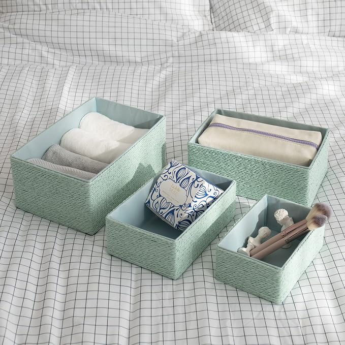 LA JOLIE MUSE Bathroom Basket Organizers, Paper Rope Storage, Green 4 Pack | Stackable, Sturdy Lined Woven Basket, Organizer for Toilet Paper, Laundry Room Essentials, Shelves and Nightstand Drawers