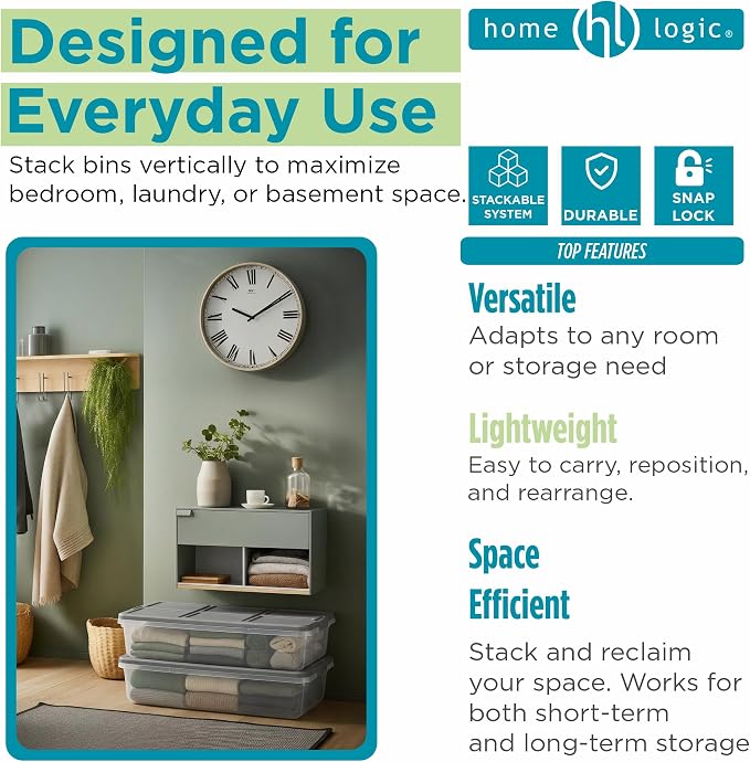 Home Logic 52 Qt Latched Underbed Storage Bin with Lid, Stackable Plastic Storage Container, Organizer for Home & Bedroom, 4 Pack, Gray