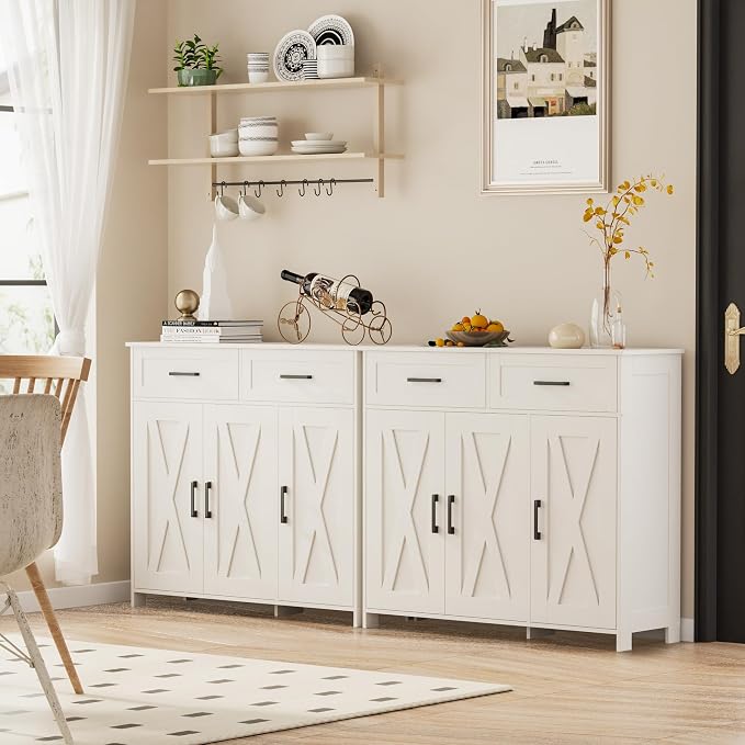 Homhedy Coffee Bar Storage Cabinet with Drawers, Kitchen Buffet Cabinet | Sideboard Cabinet with Doors, Farmhouse Buffet Cabinet, Adjustable Shelves, for Kitchen / Dining / Living Room, White