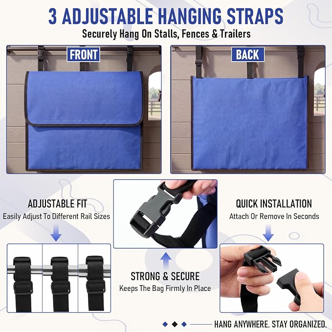 Horse Blanket Storage Bag, 600D Waterproof Oxford Fabric 23 x 19 x 9 in Stall Front Organizer, Heavy Duty Hanging Dustproof Horse Blanket Holder Accessories (Blue)