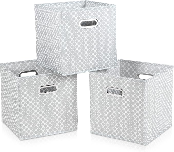 Fabric Cloth Storage Bins,Fabric Cube Organizer with Dual Handles Foldable Cube Storage Baskets for Home Bedroom Storage,Set of 3,（Light Grey）