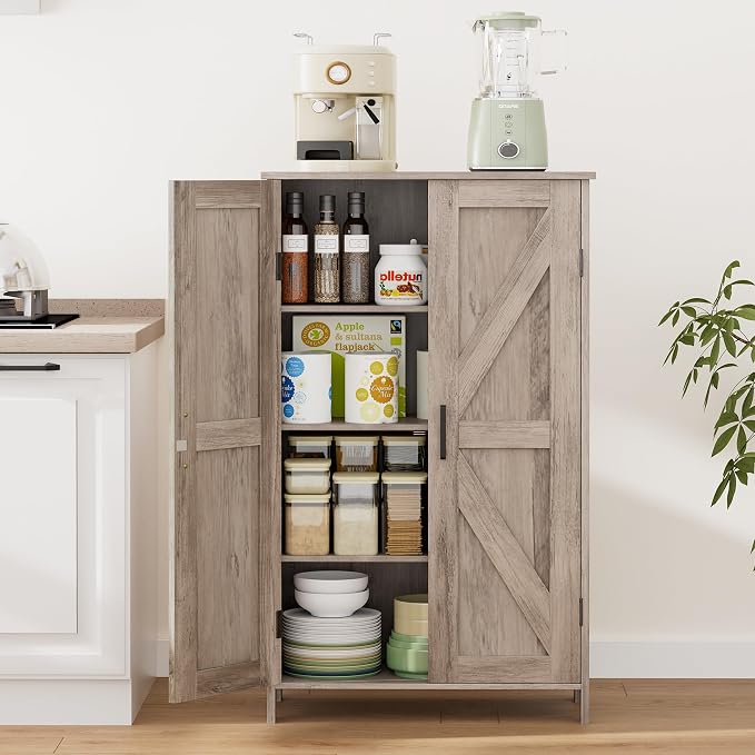 Homleke 43.3" H Farmhouse Bathroom Storage Cabinet with Adjustable Shelves | Freestanding Storage Cabinet with Barn Doors for Bathroom, Kitchen, Living Room, Dining Room & Entryway, Greige