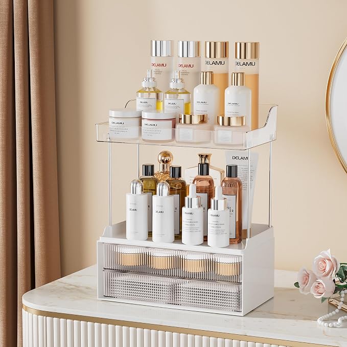 Delamu 4-Tier Makeup Organizer, Bathroom Counter Storage, 2 Drawers,Clear | Elegant Vanity Organizer Gift for Women, Holds Perfume, Skincare, Nail Polish & Hair Accessories for Bathroom Countertop