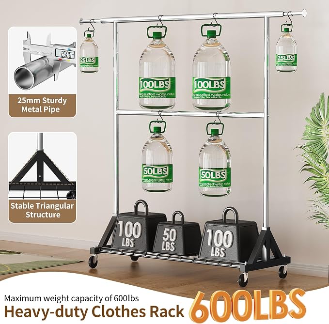 Luxspire Heavy Duty Clothes Rack with Lockable Wheels Load 600 LBS, Silver | Double hanging rods, heavy-duty iron mesh frame, adjustable extendable rods, ideal for laundry room & bedroom garment storage