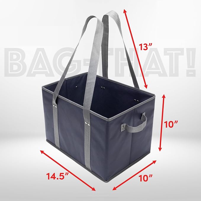 BAG-THAT! 4pk Reusable Grocery Bags Shopping Bags Tote Box Large Heavy Duty Groceries Bag Handles Foldable Reinforced Bottom (Navy Blue/Gray)