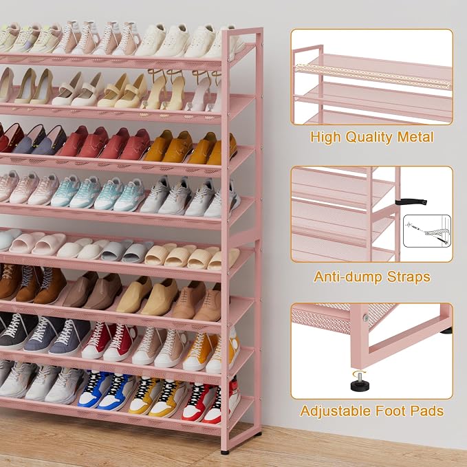 Large Shoe Rack 8 Tier Shoe Organizer, Heavy Duty Metal 4-Tier Stackable Shoe Storage Vertical Shoe Rack for Closet Front Door Entrance, Up to 50 Pairs, 44.8" W x 11.4" D x 56.7" H, Pink