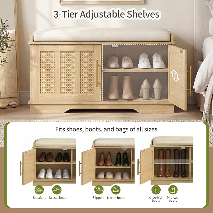 Heybly Shoe Cabinet with Bench, Rattan Storage Bench with Cushion, HSB001N | Entryway Shoe Storage Bench with 2 Doors, Adjustable Shelves, 31.5" Wooden Shoe Bench for Living Room, Hallway, Natural