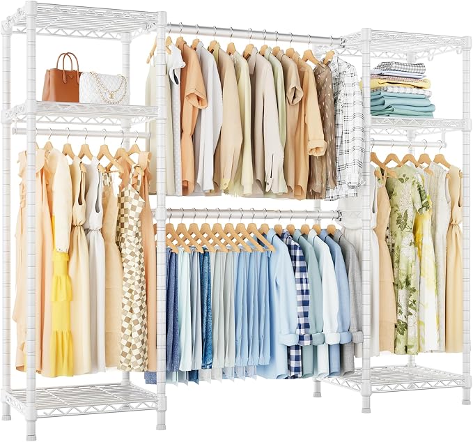 Ulif E7 Heavy Duty Garment Rack, Clothes Organizer and Storage Rack with Expandable Hangers, Metal Clothing Rack with 6 Wire Shelves, (52.3"-72") W x 14.5" D x 71.2" H, Load 838 LBS, White | Freestanding Closet System with 2 Extendable Rods and 6 Shelv...