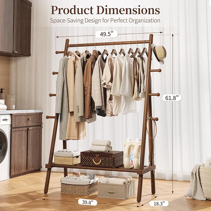 Yoobure Solid Wood Clothes Rack - Heavy Duty Clothing Racks for Hanging Clothes with 8 Hooks, Portable Garment Rack for Dress Shirt Shoe, Freestanding Wardrobe Coat Racks with Shelf for Closet Bedroom