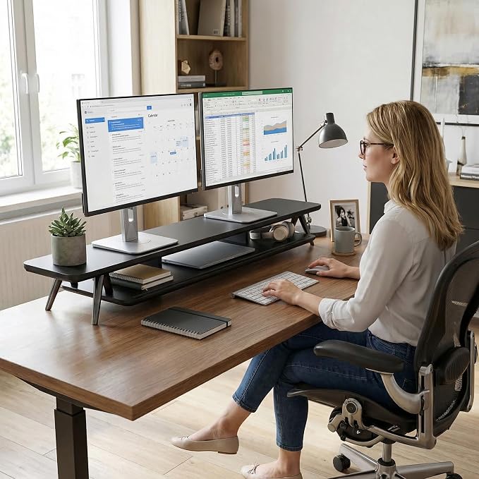 Fenge Dual Monitor Stand Riser, Wooden Desk Shelf with 2-Tier Storage | 47.2-Inch Extra Wide, Sturdy Aluminum Legs, Built-In Phone & Tablet Slot, Desktop Organizer for Office Accessories