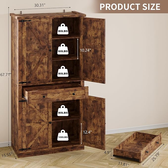 BORNOON Pantry Organizers and Storage Cabinet, 67.71” Barn Door White Kitchen Cabinet with Drawers and Adjustable Shelf, Tall Pantry for Kitchen, Dining Room, Living Room