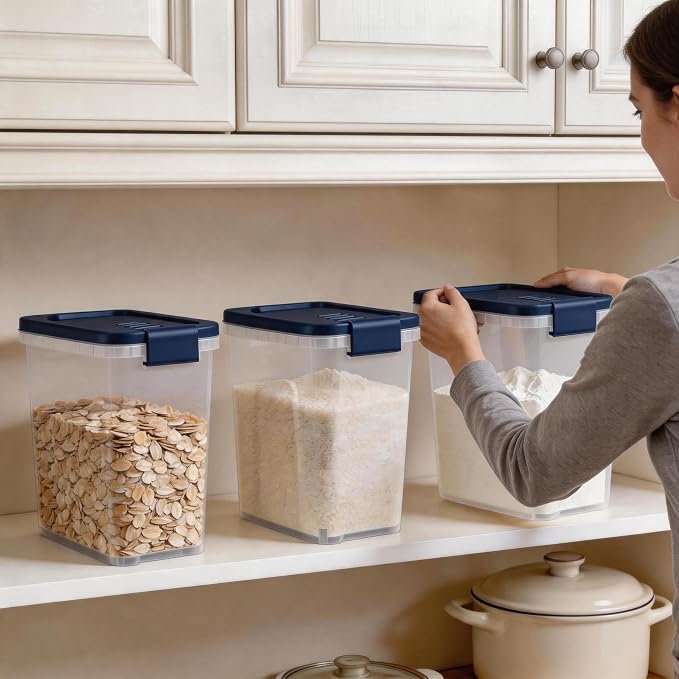 Tight-Lock Rice Container 10-15 Lbs, Airtight Flour Container Dry Food Bin | Plastic Food Container with Scoop, Dry Food Storage Bin Dispenser for Cereal, Sugar, Kitchen, Pantry Organizers and Storage