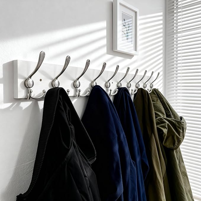 SKOLOO Creations White Solid Wood Wall Mounted Coat Rack, 10 Hooks, 38-1/8" Long - Kitchen, Mudroom, Entryway, Bathroom - Includes Mounting Hardware, Wall Coat Hanger, Towel Rack