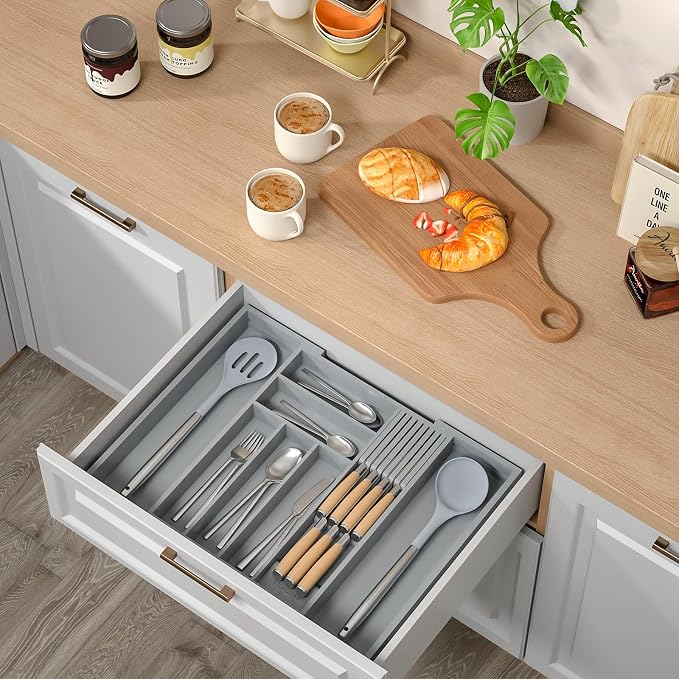Expandable Bamboo Silverware Drawer Organizer Kitchen Tray, Grey | Removable Knife Block, Holds 7 Knives, Adjustable Dividers, 12.6-21.45 x 16.3 x 2.13 in, Drawer Insert for Utensils, Forks