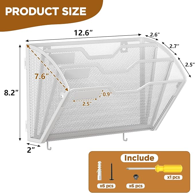 Docnest 3 Pack 3 Tier Mesh Wall File Holders with Hooks for Mail, White | Space-saving vertical design with utility hooks. Ideal paper document organizer for office, home, and school