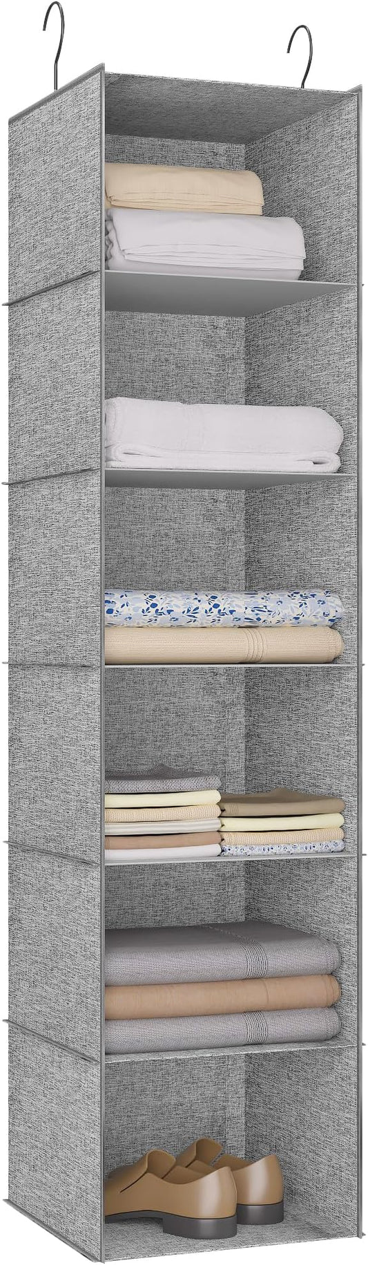 Hanging Closet Organizer 6-Shelf, Oxford Linen Wardrobe Storage, Gray | Easy-mount foldable design holds clothes, handbags, shoes & accessories; washable Oxford fabric, sturdy and space-saving.