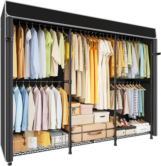 E14C Pro Heavy Duty Closet Organizer System，Freestanding Clothing Racks for Hanging Clothes，Adjustable Garment Rack 69" W × 16" D × 77" H Hold 960 lbs，Black Rack with Black Dustproof Cover