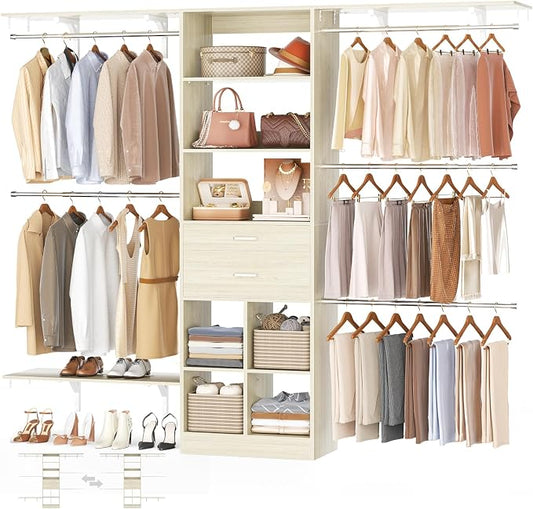 Besiost Closet System - 8FT Closet Organizer System with Wooden Drawers, 96" Closet Systems for Nursery & Walk-In Closets with Cuttable Hanging Shelving, Greige Oak