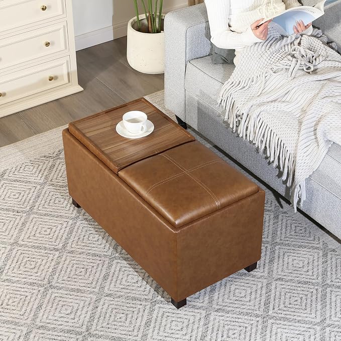 Adeco 31 Inches Storage Ottoman Bench, Non-Folding End of Bed Foot Rest Stools Ottoman with Thicker Foam Padded Seat, Upholstered Storage Chest for Living Room, Entryway, Bedroom