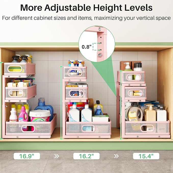 Kitstorack Under Sink Organizer, 2-Pack 3-Tier Height Adjustable Thickened Metal Pull out Cabinet Organizer Shelf, Slide out Storage Drawer Rack for Bathroom Kitchen Pantry Home Organization, Pink