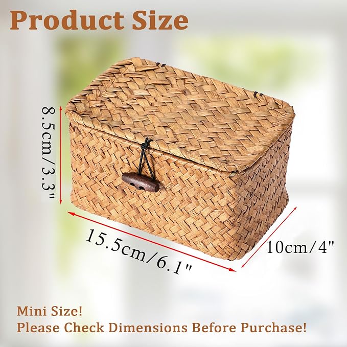 Small Decorative Box Natural Seagrass Box with Lid, 6.1"x 4"x 3.3" | Wicker Basket for Organizing Keys,Wicker Shelf Baskets for Bathroom & Living Room