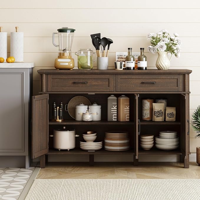 55 Inch Buffet Cabinet with Storage, Farmhouse Sideboard Buffet w/2 Drawers and 3 Doors, Wood Coffee Bar Cabinet with Adjustable Shelves, Sideboard Storage for Kitchen, Living Room, Brown