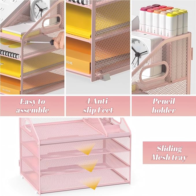 4 Tier Mesh Desk Organizer with Pen Holder and Handle Letter Tray | Metal desktop document shelf and paper sorter. Premium mesh workspace storage for office, home, and classroom