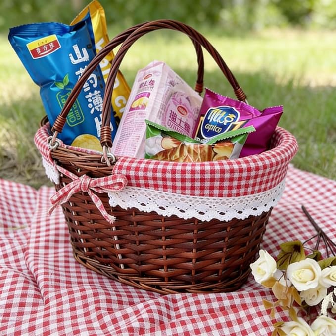 KINJOEK Wicker Woven Basket, Multipurpose Natural Willow Basket with Handle Premium Linen Cotton Cloth Lining for Storage and Decoration