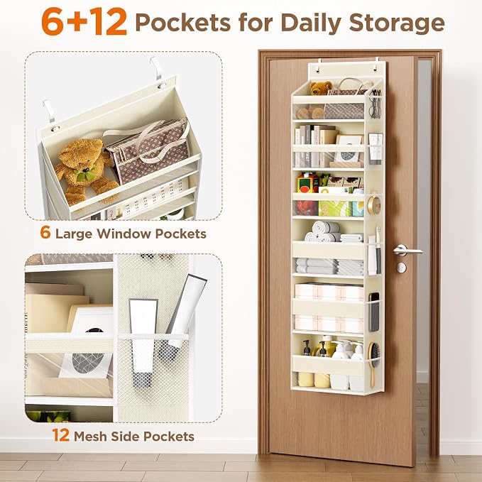 Over The Door Organizer, 6 Tiers Behind The Door Storage Hanging Shelves | Heavy Duty Hanging Organizer Storage with Large Capacity Pockets for Closet Wall Bathroom Bedroom Nursery Pantry, 1 Beige
