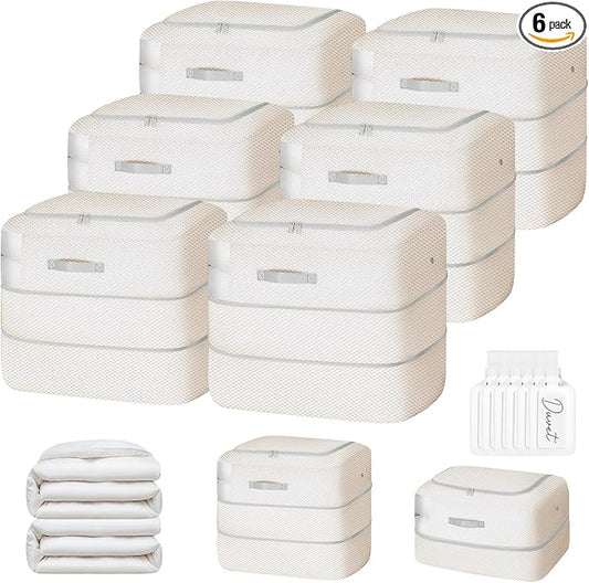 Comforter Storage Bag - 110L Large Capacity Blanket Storage Bags 2-Layer Ultra Space Saving Self Compression Organizer, Washable Compression Bags for Storage Comforter Blanket, 6-Pack, Beige