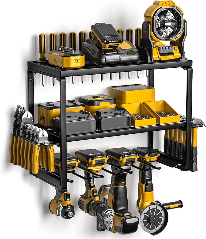 Spampur Power Tool Organizer, 3 Layers 4 Drill Holder Wall Mount | Garage Storage Rack for Handheld, Metal Tool Shelf Utility Rack for Cordless Power Tools, Suitable for Giving men