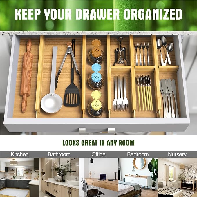 Bamboo Drawer Dividers Organizers, Drawer Separators Splitter,13-17 inches Long Adjustable Spring-loaded Organizer for Large Utensil, Clothes, Tools Drawers (4+3)