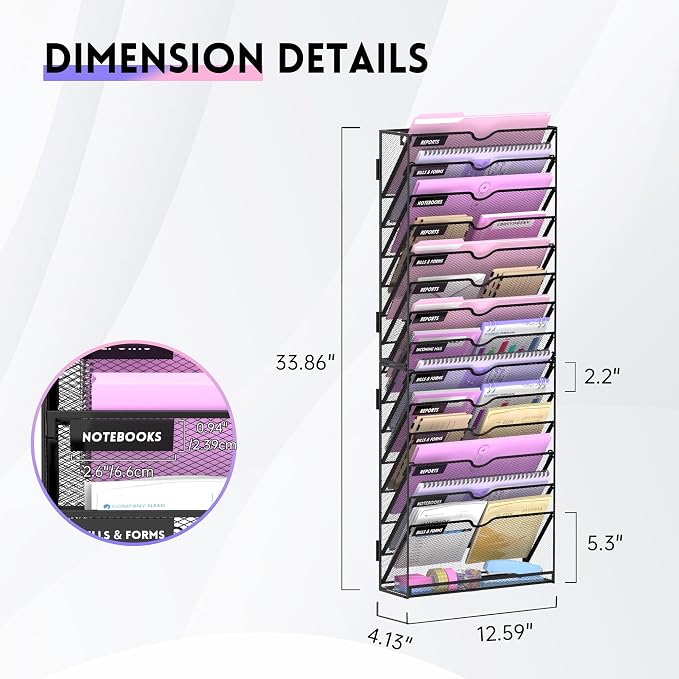 15-Tier Wall File Organizer with Base, Wall Mounted File Holder | Vertical Hanging File Organizer with Open Compartments and Label Holders for Mail, Folders and Paperwork at Home or Work