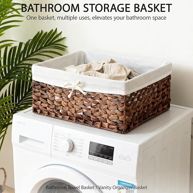 Rectangular Woven Seagrass Storage Bin with Handle,Kingwillow. (water hyacinth, Large)