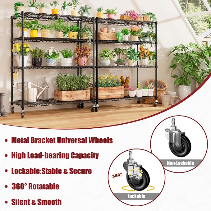 PrimeZone 4 Tier 55.5"W x 24"D x 80"H Heavy-Duty Wire Shelving with Wheels | Tote Storage Rack, Adjustable Shelves, 2400 LBS Capacity, 4" Rolling Casters, 25.4mm Steel Tube for Warehouse, Basement, 4PCS