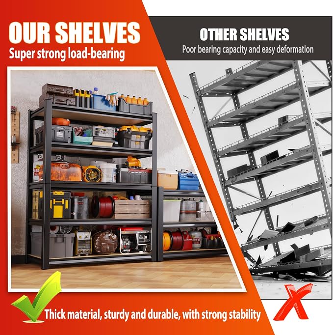 Set of 2 46" W Garage Shelving-2050 lbs 5 Tier Storage Shelves,Adjustable Heavy Duty Metal Shelving Unit and Storage Large Rack,Utility Steel Shelf for Warehouse Industrial Pantry 71"x46"x18"