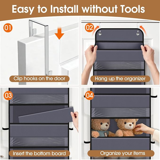 Over The Door Organizer Storage behind Door Hanging Organizer for Nursery | 4 Tier, 6 Side Pockets, Clear Window, Sturdy Construction, Space-Saving Storage for Closet, Bedroom, Bathroom & Nursery