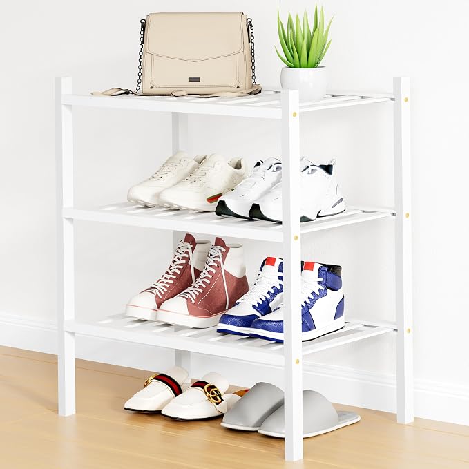 Smiry Bamboo Shoe Rack, 12 Vertical Slats, 3 Tier - 17.3" Wide, White | Stackable Free Standing Wooden Shoe Organizer, Wood Shoe Storage Shelf for Closet, Entryway